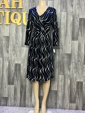 Talbots Navy and White Wave-Print Wrap Midi Dress